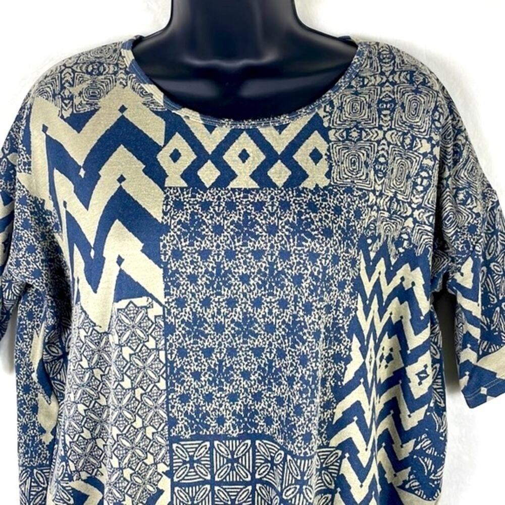 LuLaRoe Irma Gorgeous Stretchy Subdued Cream and Dusty Blue Fun Print Size XXS